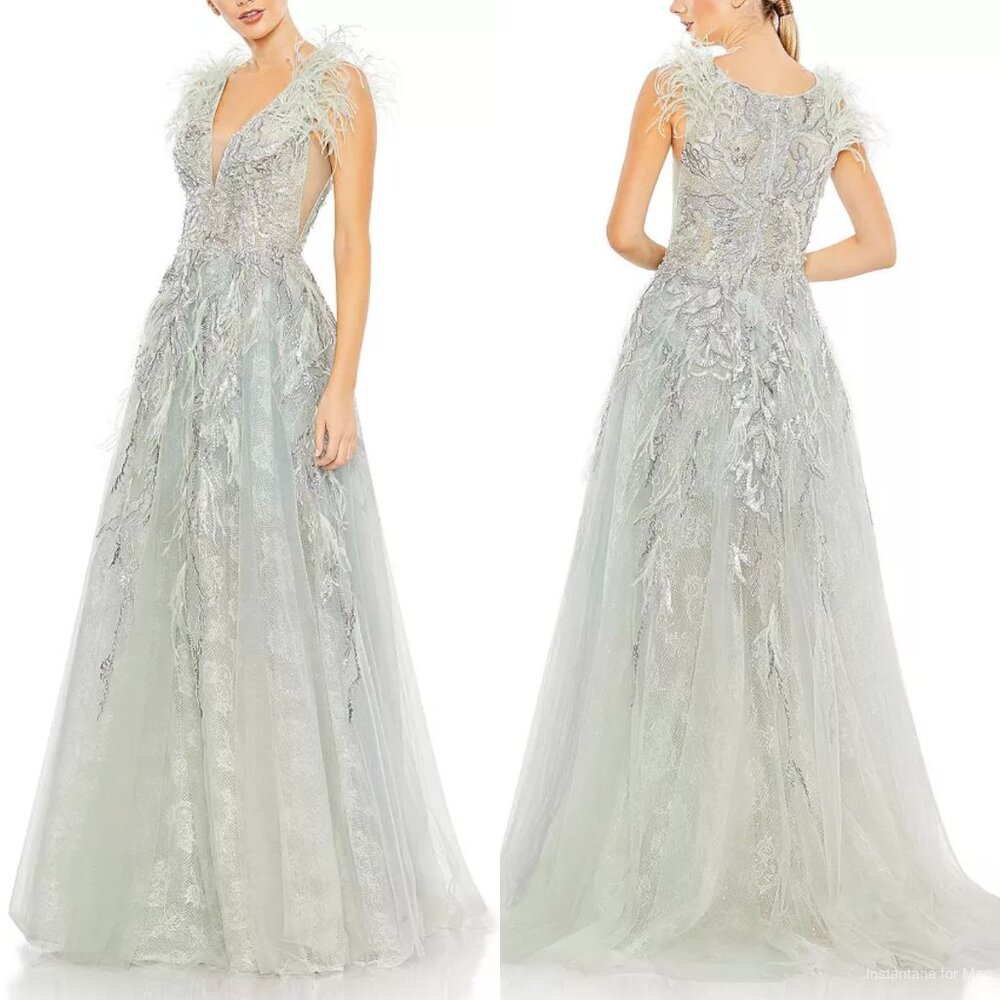 Mac Duggal Embellished Feathered Sleeveless A Line Gown